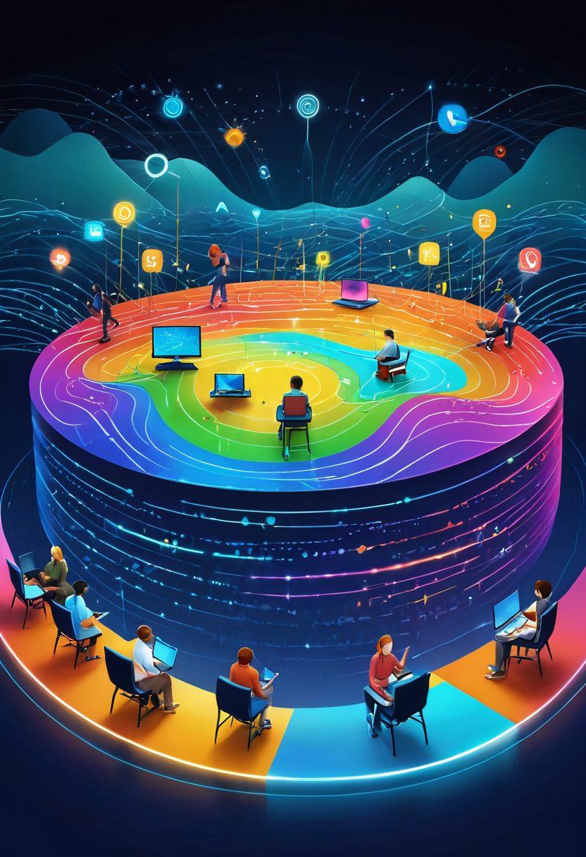 A serene landscape of diverse people joyfully connecting with technology, surrounded by flowing waves of data represented as glowing lines. Include a high-tech router at the center, symbolizing OpenWrt, with animated symbols of connectivity such as WiFi signals and happy emojis. The background features soft, vibrant colors to evoke a sense of happiness and collaboration. super-realistic. vibrant colors. digital art.