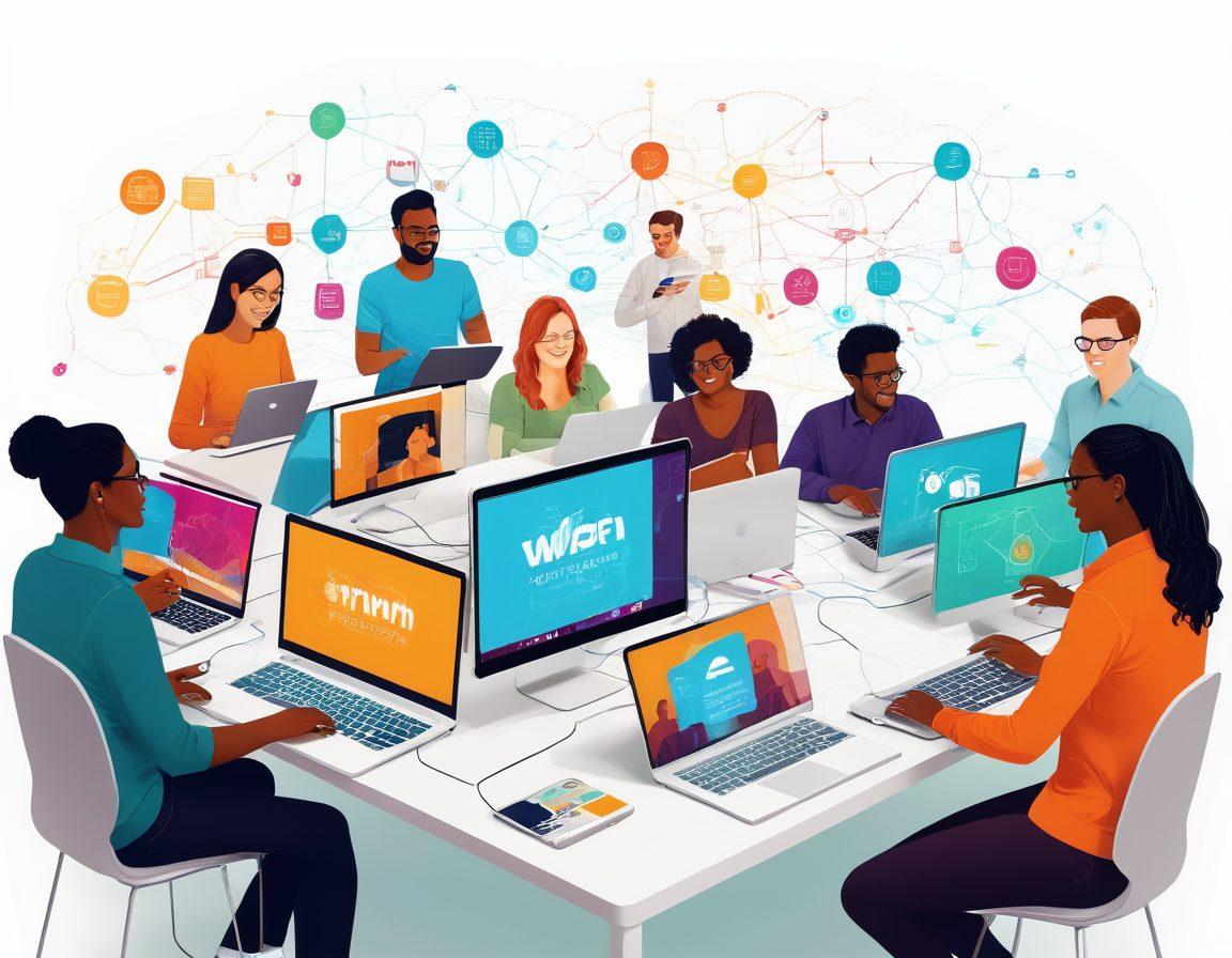 A collaborative scene featuring diverse individuals gathered around laptops, sharing knowledge and solutions for networking in a vibrant community space. Highlight OpenWrt branding with colorful network diagrams on screens, showcasing an advanced networking setup. Emphasize joy and collaboration with smiles and gestures of teamwork, blending real-life interaction and technology. warm and inviting colors. vector art. vibrant. white background.