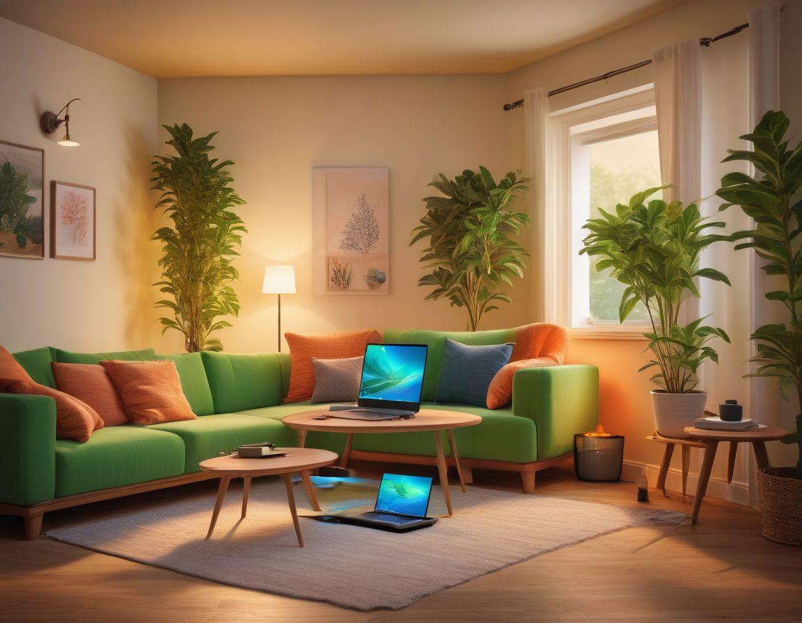A cozy living room with a modern router showcasing glowing indicators, multiple connected devices like laptops and smart appliances, a family happily using their devices together, and a vibrant green plant in the corner. The setting is warm and inviting, illustrating optimal connectivity and joyful interaction. super-realistic. vibrant colors. soft lighting.
